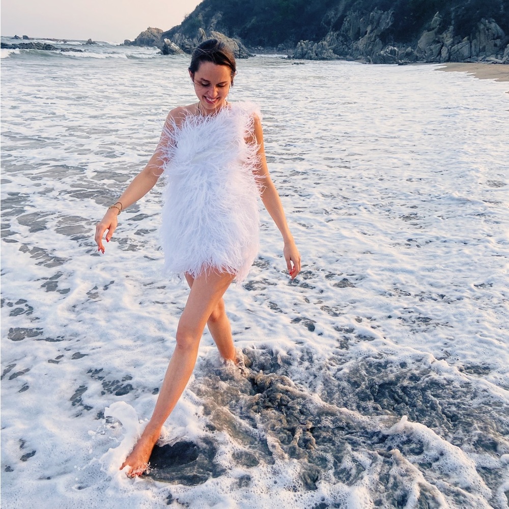 The Bar White Andre Ostrich Feather One-Shoulder Dress